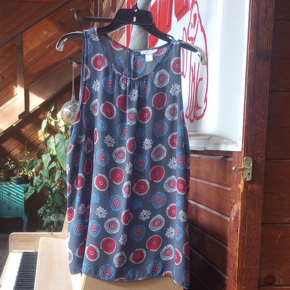 LOFT Sleeveless Floral Blouse - Gray Blue Red White